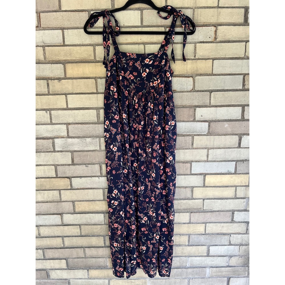 Old Navy Navy Floral Tie Shoulder Midi Dress XS Pockets Smocked Back Babydoll - Picture 3 of 10